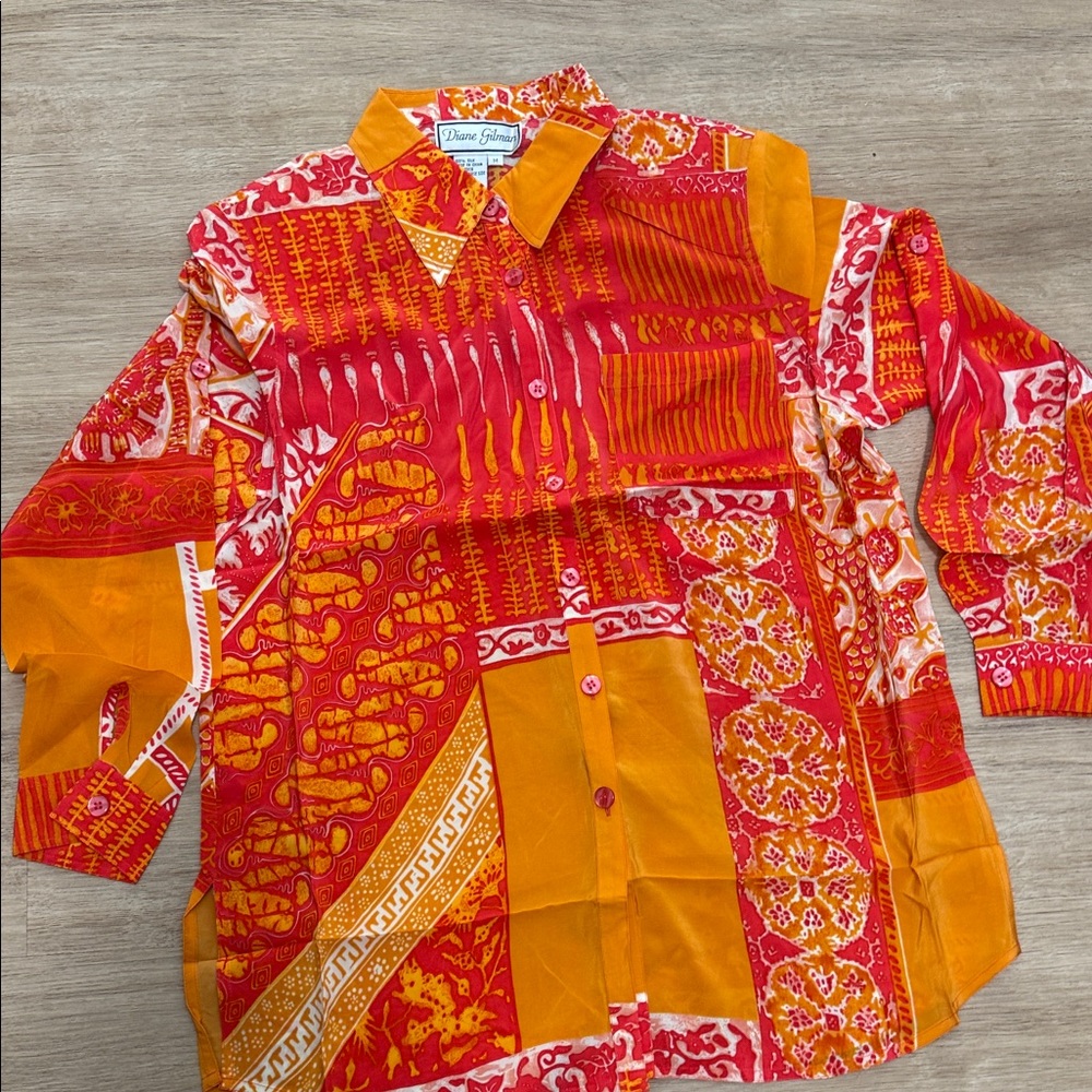 Diane Gilman Red and Orange Patchwork Women's Shirt - Picture 3 of 5